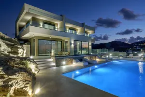New Luxury Villa Filios Vrachos with Private Pool, Indoor Heated Spa Pool & Panoramic Sea Views, Minutes from Beaches and Shops in Agia Pelagia, Crete