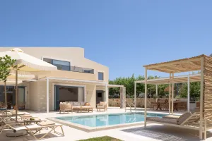 Modern Pelagia's Loft Villa Haroupi in Kavros, with Heated Pool and BBQ, close to the beach & just 10 mins from Lake Kournas.